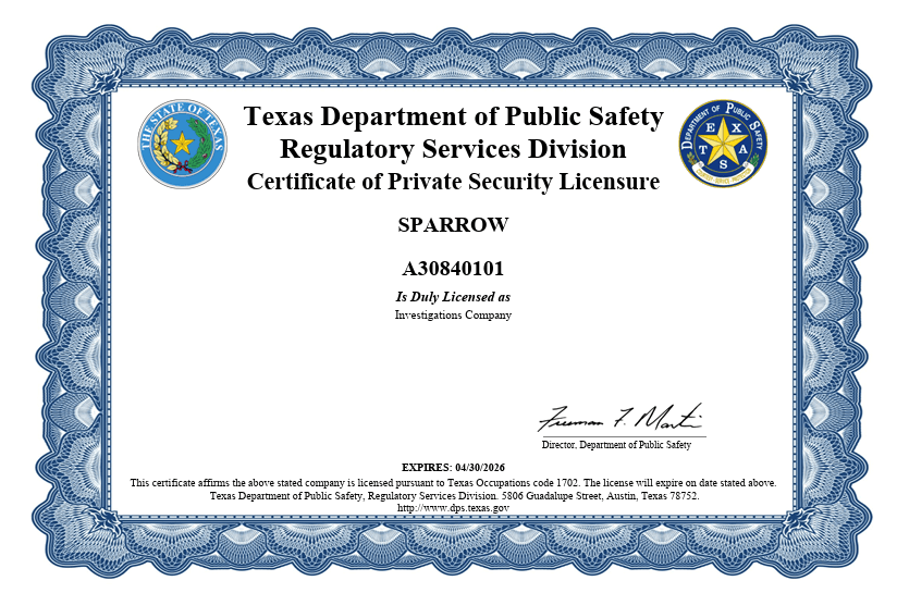 Texas Department of Public Safety Certificate of Private Security License for SPARROW